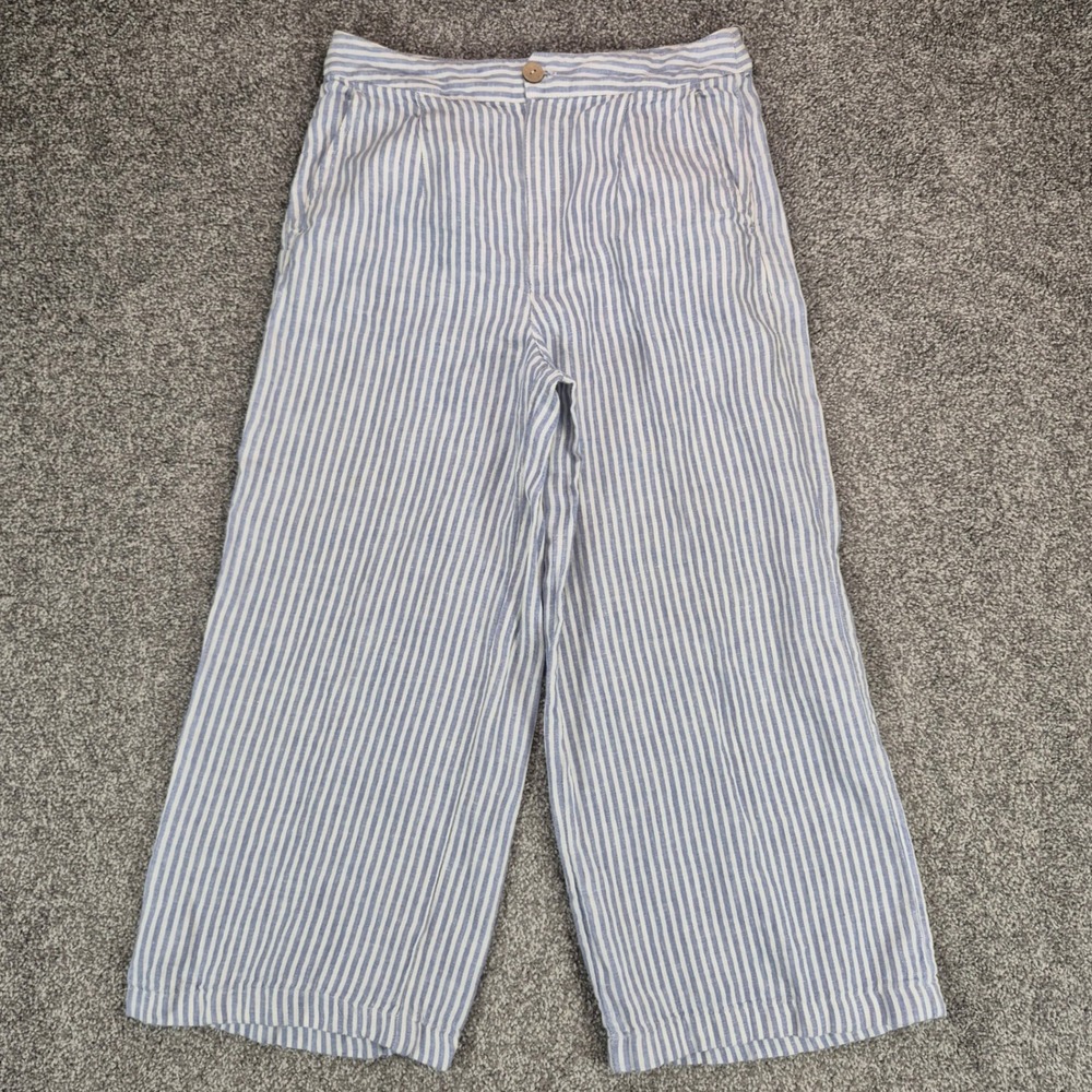 Tahari 100% Linen Pants Womens 8 Blue White Striped Wide Leg Cropped